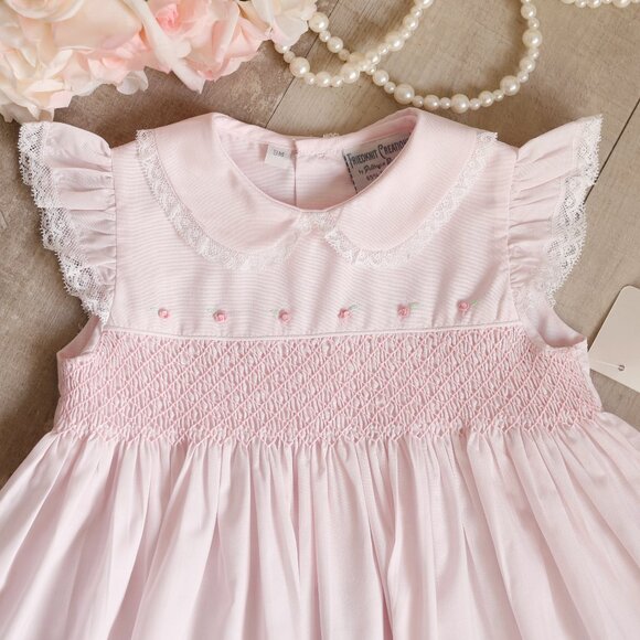 Pink Smocked Lace Dress Set Embroidery Vintage Feltman Brothers 3 Months - Picture 2 of 5
